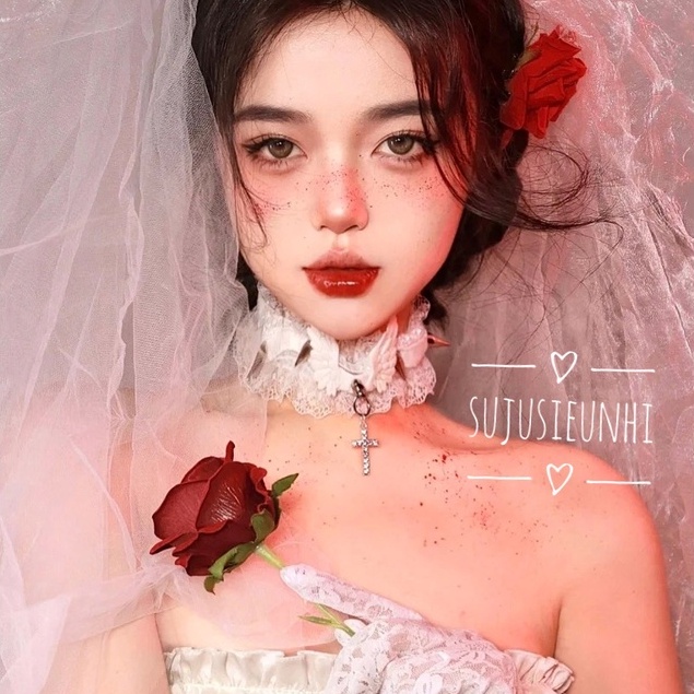 Vòng cổ choker ren đính cánh thiên thần chữ thập tán đinh phong cách gothic