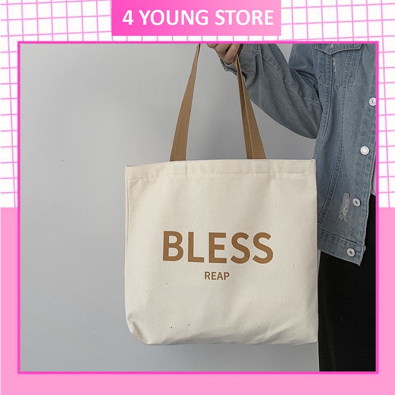 Túi tote vải canvas giá rẻ thời trang phong cách Hàn Quốc in chữ BLESS đi học đi chơi đẹp T1003