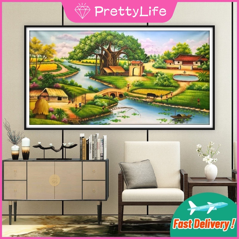 Bộ Tranh Đính Đá 5D Tự Làm Hình Phong Cảnh Làng Quê Kích Thước 90x50cm