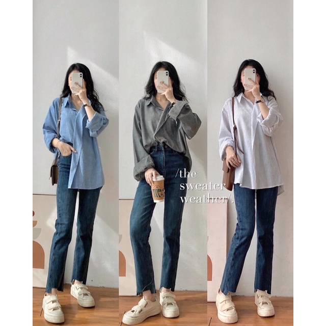 Áo sơ mi thô KẺ SỌC 1 CÚC VẠT CHÉO, áo sơ mi sọc dọc dáng rộng ( Ảnh thật )