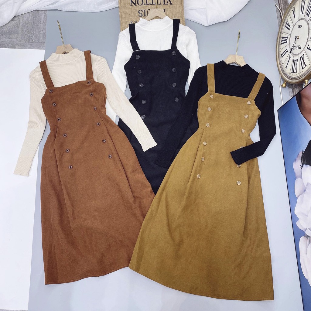 Váy Yếm Cúc + Áo Len Tăm Body