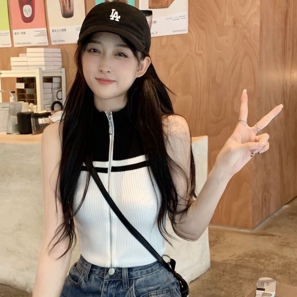 Áo cardigan ZHELIHANGFEI dệt kim sát nách thiết kế dáng ngắn hở eo dễ phối đồ thời trang