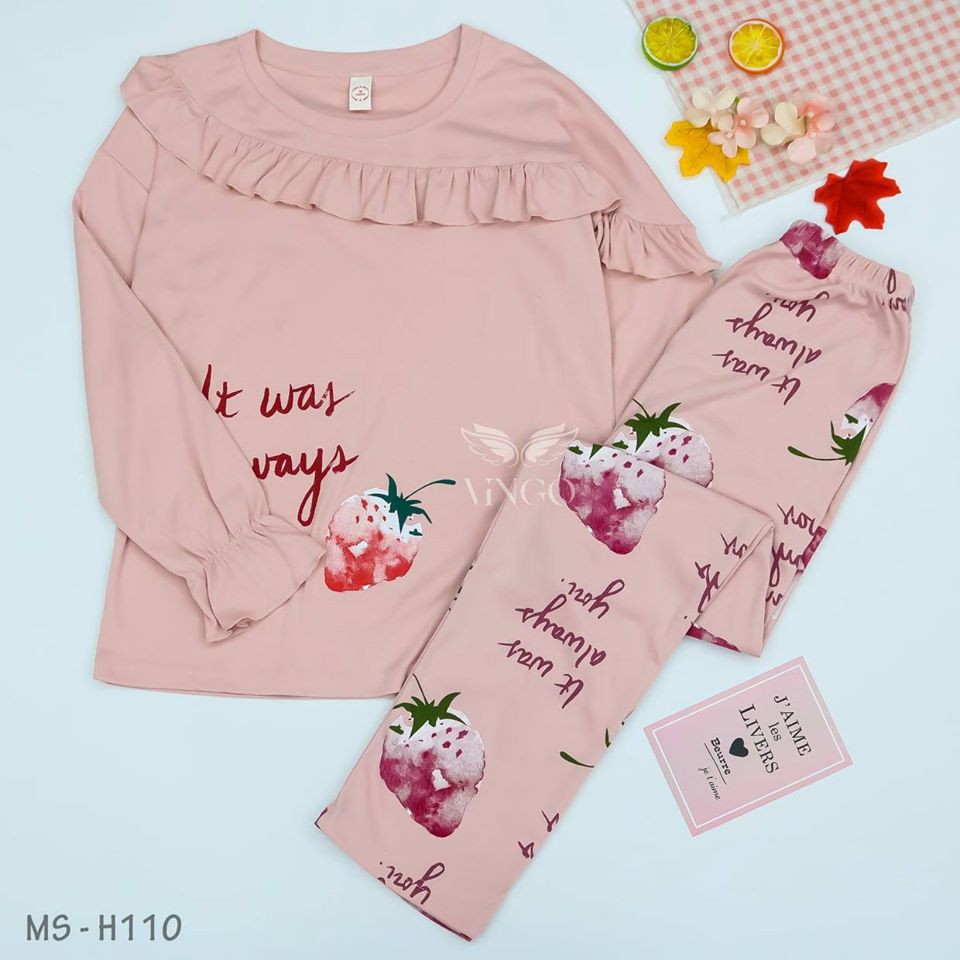 Bộ Đồ Mặc Nhà Pijama Cotton Dáng Dài Họa Tiết Phối Bèo Tay Xòe Hình Dâu H110 Từ VINGO VNGO