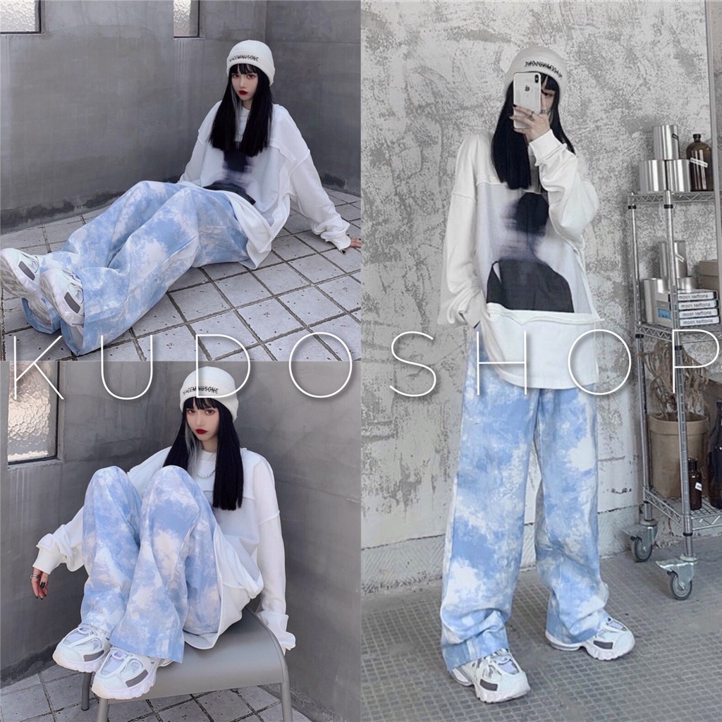 Quần thể thao loang xanh dương ống rộng cạp cao dễ phối đồ/ Quần suông nam nữ loang màu phong cách ulzzang_kudoshop