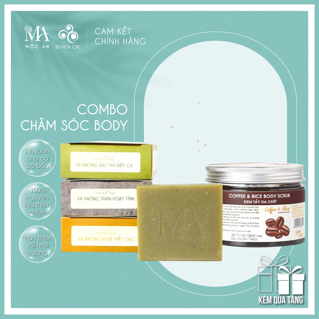 Combo Chăm Sóc Body MỘC AN Xà Bông Thiên Nhiên & Tẩy Da Chết Body Giúp Sạch Da Giảm Mụn Sáng Da Mịn Màng - Du Hoa Các