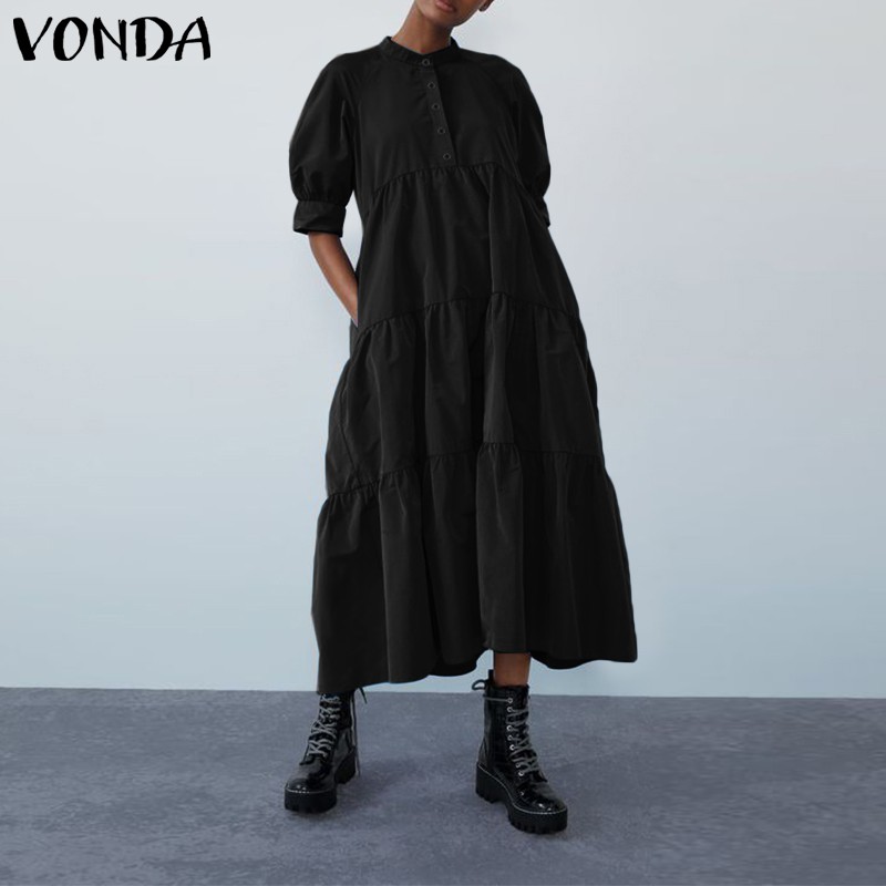 VONDA Đầm tay ngắn cổ tròn thời trang sành điệu cho nữ