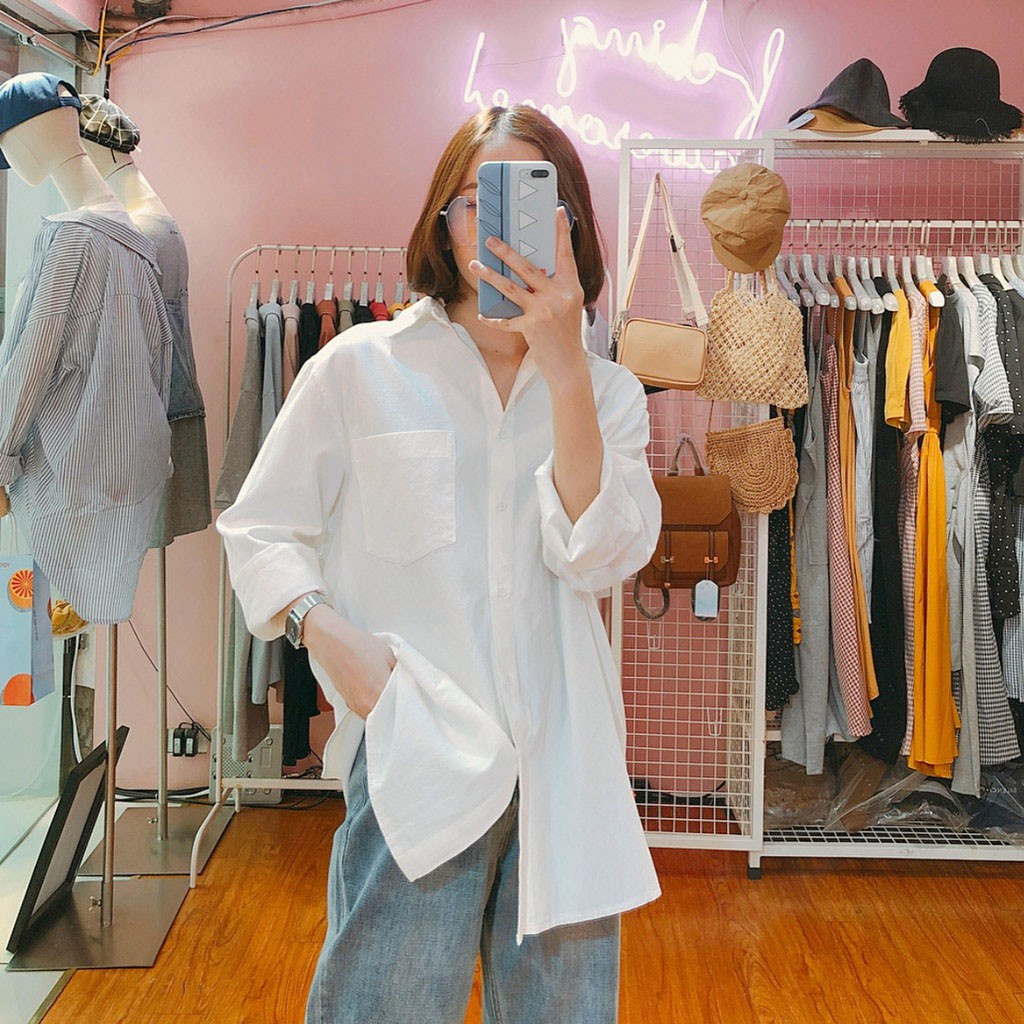 Áo Sơ Mi Nữ Form Rộng TRƠN Basic Unisex Dài Tay Trắng và Đen Kiểu áo sơ mi nữ Bigsize suông HACHIKI