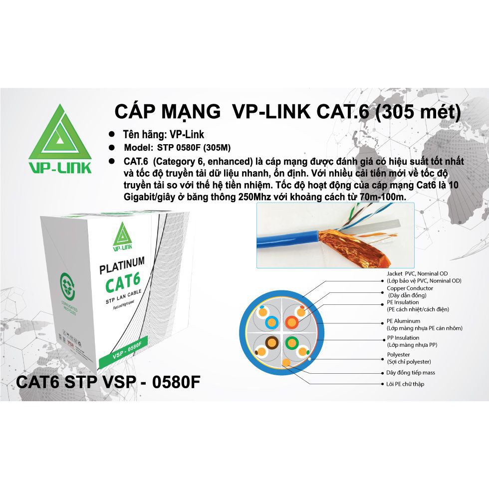 Cáp mạng VP-LINK STP CAT 6E 305M Platium Xanh Dương ( VSP-0580F) - dây mạng, dây lan chính hãng