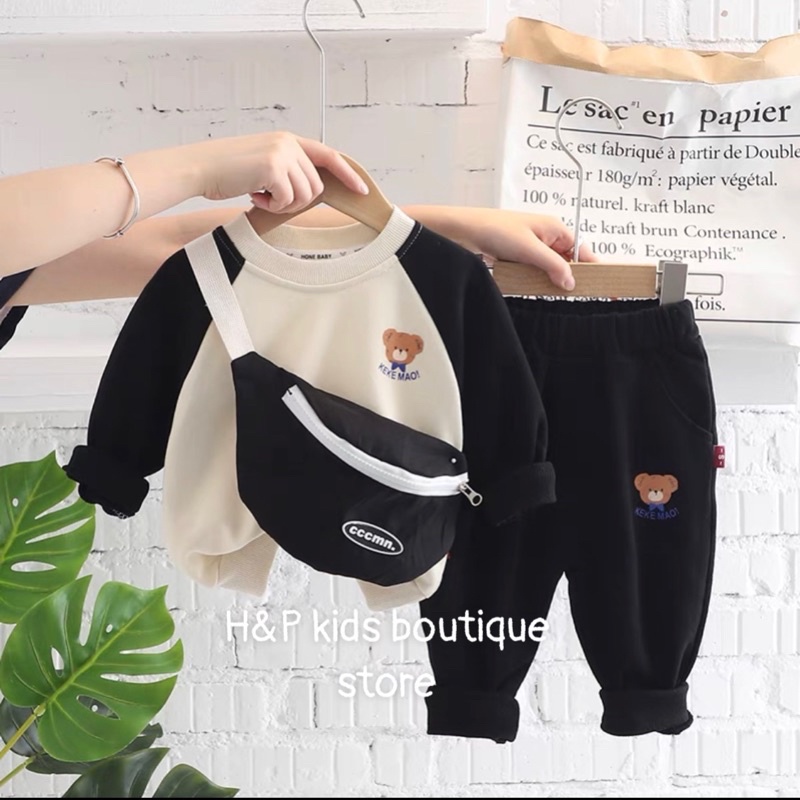 Bộ nỉ cho bé kèm túi  Đồ bộ thu đông dài tay cho bé trai, bé gái 1 2 3 4 5 6 7 tuổi