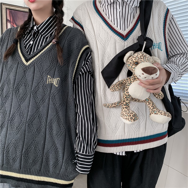 Áo Len Gile Đôi Nam Nữ Áo Len Không Tay Cổ V Len Vặn Thừng Áo Ấm Thu Đông | BigBuy360 - bigbuy360.vn