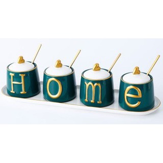Bộ 4 hũ đựng gia vị bằng sứ cao cấp màu trắng xanh home