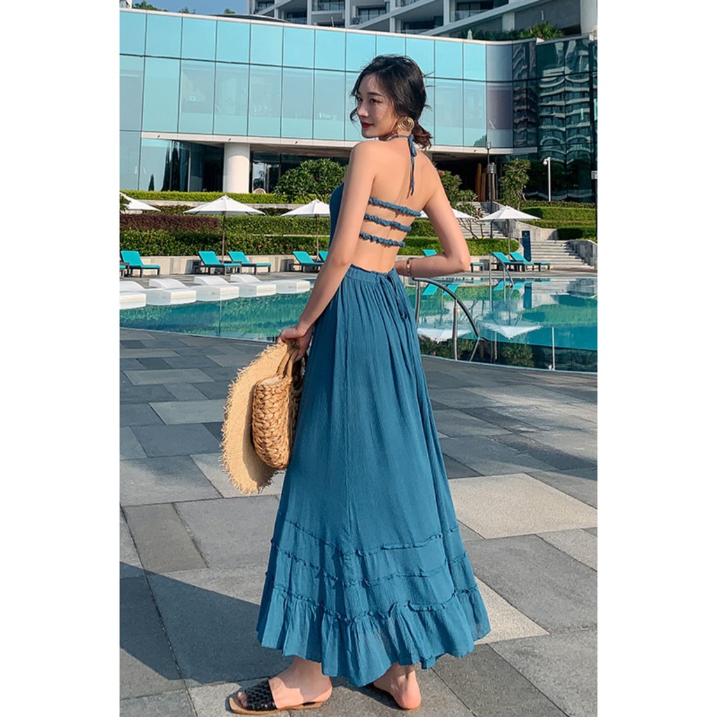 JANE'S Đầm maxi đi biển hở lưng Xanh Pastel thời thượng C2 kèn feelback  khách tặng shop | BigBuy360 - bigbuy360.vn
