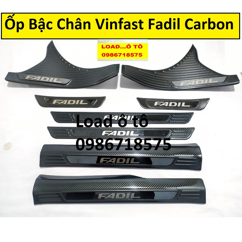 Ốp Bậc Cửa, Nẹp Bước Chân Trong, Ngoài Xe Vinfast Fadil 2022-2019 Vân Carbon Cao Cấp, Chữ Fadil Bóng