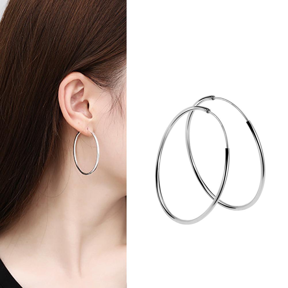 Bông Tai Hình Tròn Lớn Bằng Bạc 925 Chống Dị Ứng Kích Thước 30mm/40mm/50mm/60mm/70mm