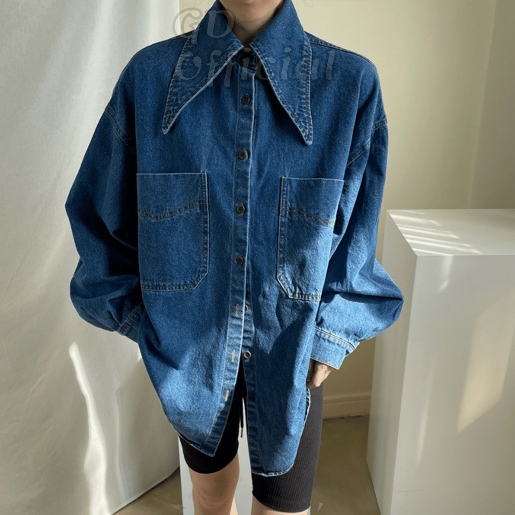 A24|Áo sơ mi denim Hàn quốc cho nữ retro cá tính hai túi lớn dáng rộng màu xanh GD Official