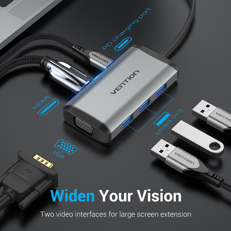 Hub Type-C to HDMI 6 in 1 cho Macbook có sạc nhanh - Chuyển đổi HUB USB Type C to HDMI, VGA, USB 3.0, PD Type-C Vention