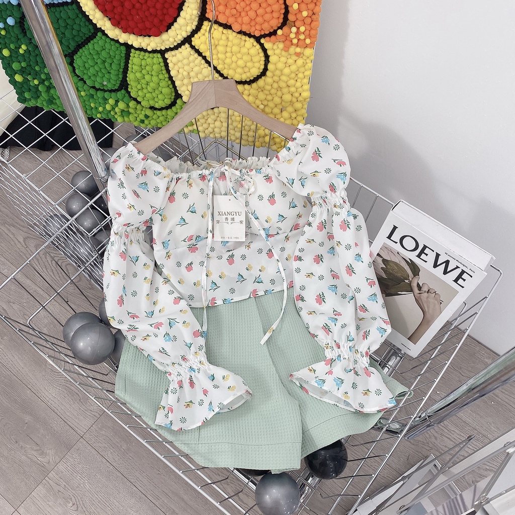 Set áo hoa nhí thiết kế cổ yếm quần short đùi xanh BN957