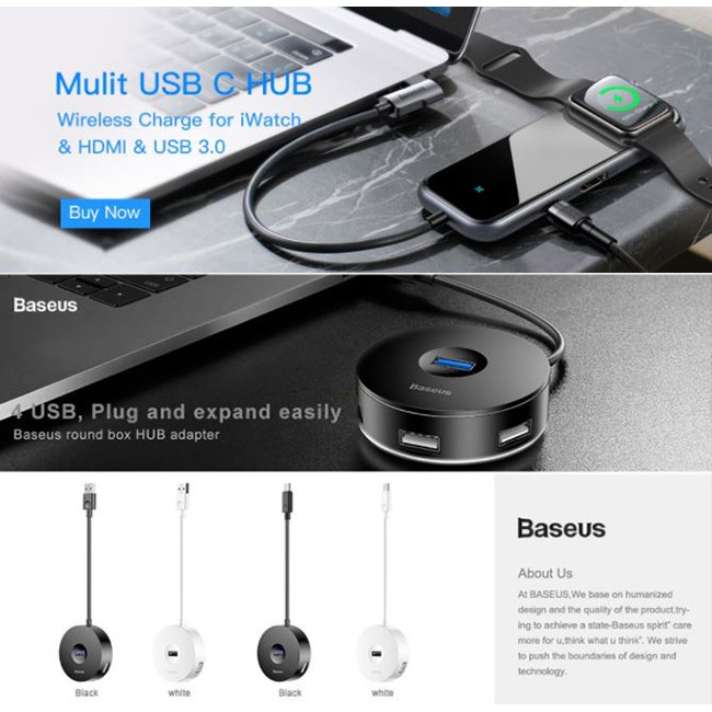 Bộ Chia USB 4 Cổng Chính Hãng Baseus, USB Hub 2.0/ 3.0 Có Đèn LED Báo Hiệu Cho Máy Tính, Macbook Pro, Smartphone