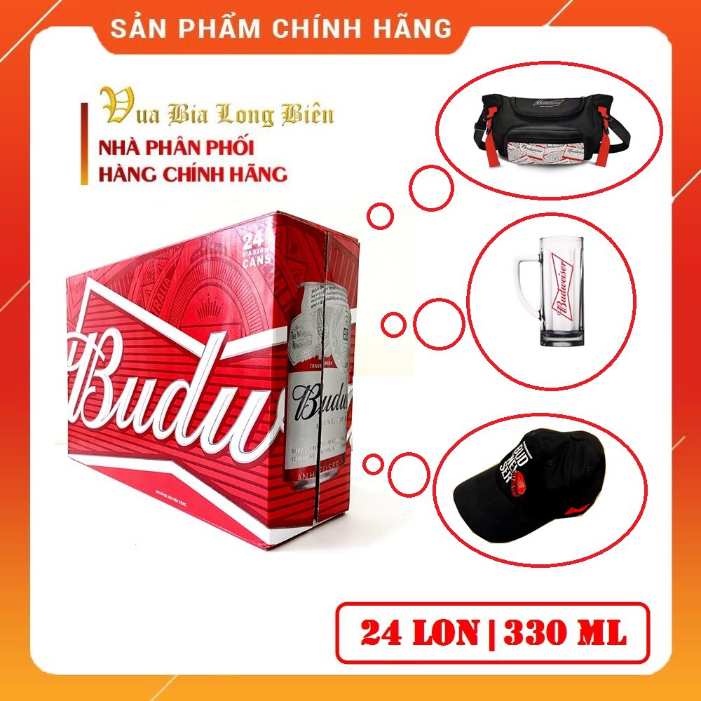 Bia BUDWEISER - King of Beer, Bia Mỹ, Quà tặng sành điệu đa dạng, Nồng độ cồn 5%, Thùng tiêu chuẩn 24 lon x 330ml