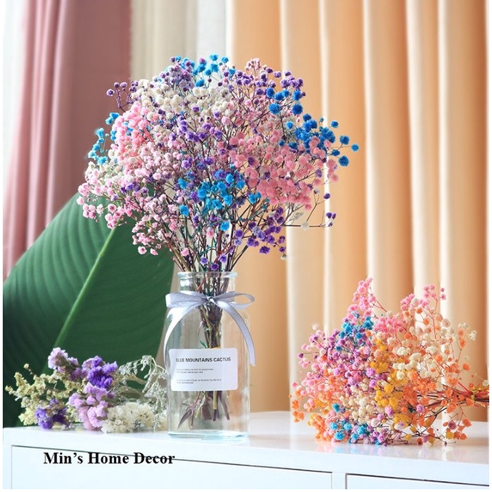 Bình Hoa Baby Khô mix nhiều màu, Lọ Hoa Baby khô cắm sẵn kèm bình thủy tinh trang trí phòng khách
