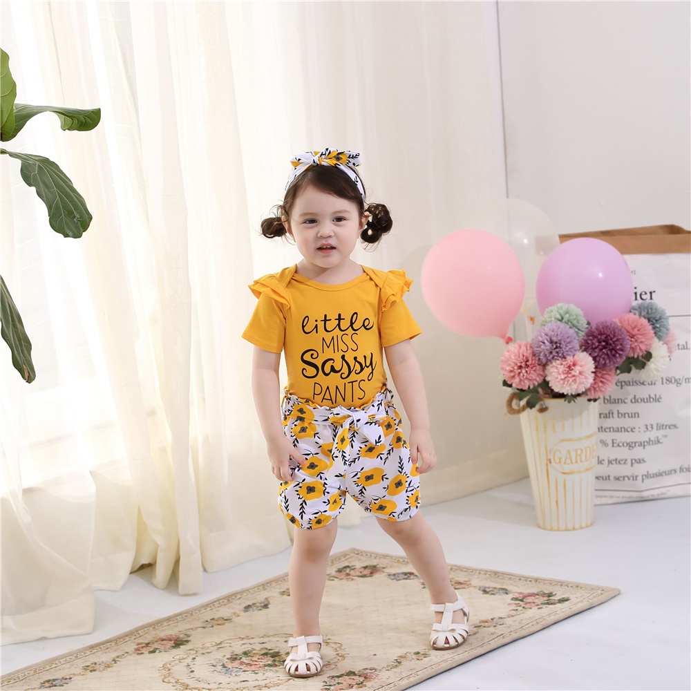 Set áo liêền thân tay ngắn + quần short + băng đô dễ thương cho bé gái sơ sinh Mikrdoo