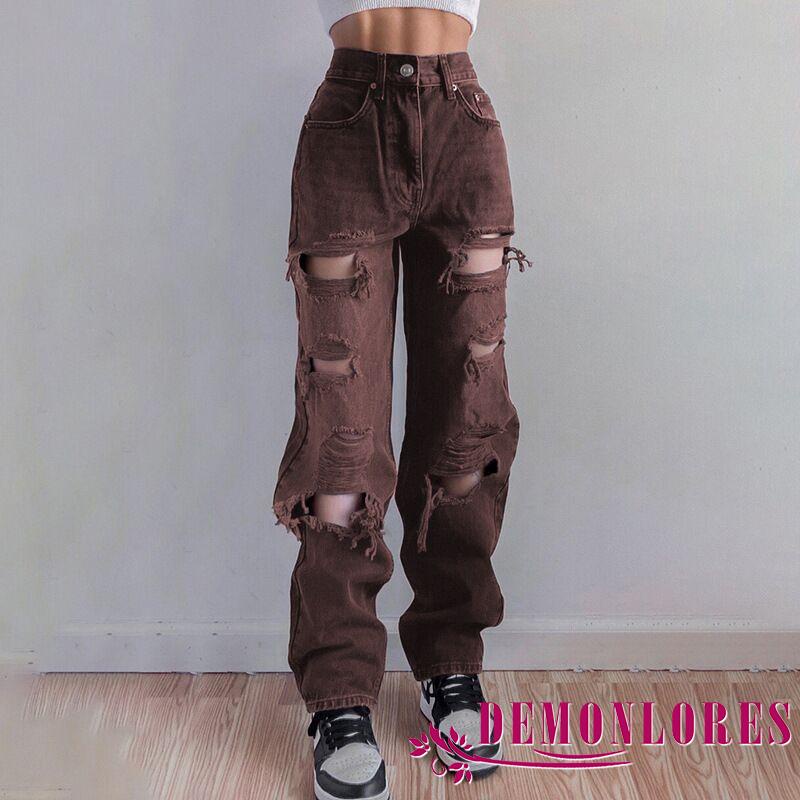 Quần jean dài thiết kế rách lỗ cá tính thời trang dành cho nữ