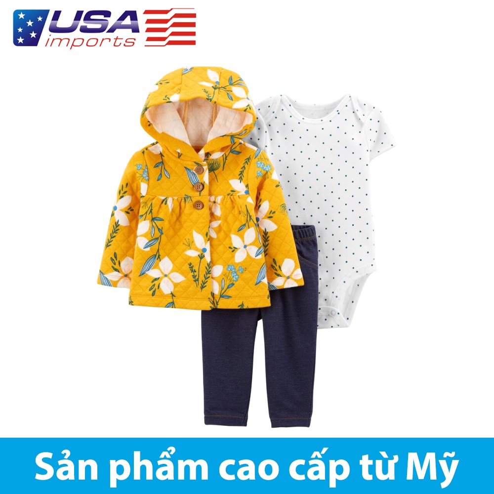 Set 3 món áo khoác vàng hoạ tiết hoa kèm quần Car-tờ Auth Từ Mỹ (1M021110)