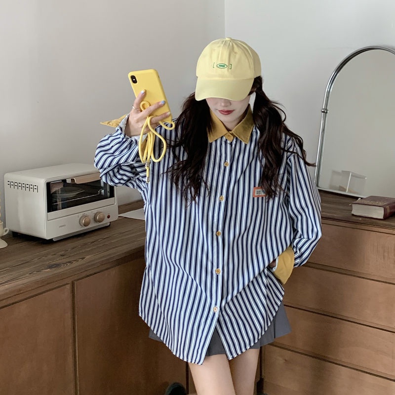 Áo Sơ Mi Tay Dài Dáng Rộng Kẻ Sọc Dọc Trẻ Trung Phong Cách Hàn Quốc Cho Bạn Gái