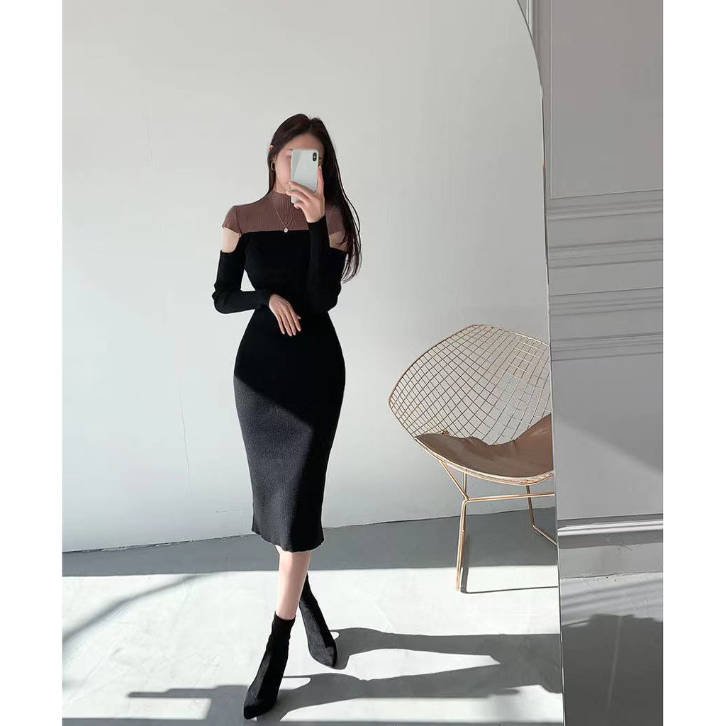 Đầm Dệt Kim Dáng Dài Hở Vai Phong Cách Hàn Quốc Nữ Tính