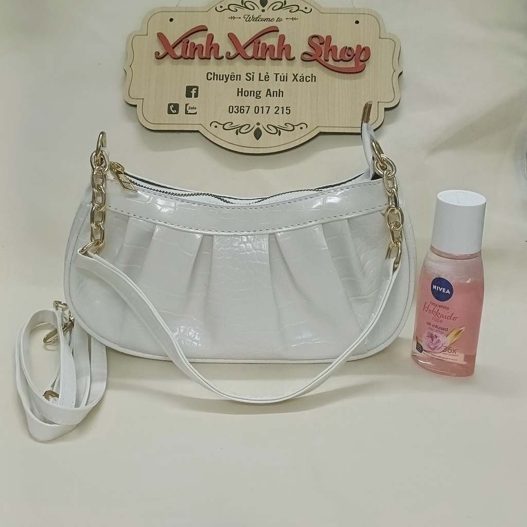 Túi xách nữ đẹp dáng rúm xích phối quai da 2 bên size 24cm 2 màu đen trắng có dây đeo chéo hợp mọi thời trang - TM33