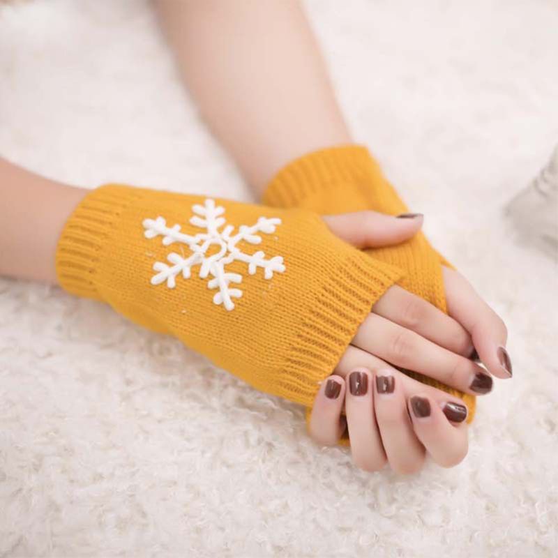 Găng Tay Dệt Kim Hở Ngón Co Giãn Thêu Hình Bông Tuyết Có Thể Chạm Màn Hình Cảm Ứng Thời Trang Mùa