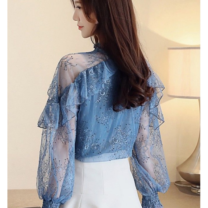 Áo Sơ Mi Chiffon Tay Dài Cổ Cao Phối Ren Phong Cách Phương Tây Hợp Thời Trang Mới