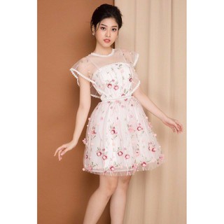 ĐẦM DỰ TIỆC HOA ĐÀO PHỐI LƯỚI TAY CÁNH TIÊN CAO CẤP
