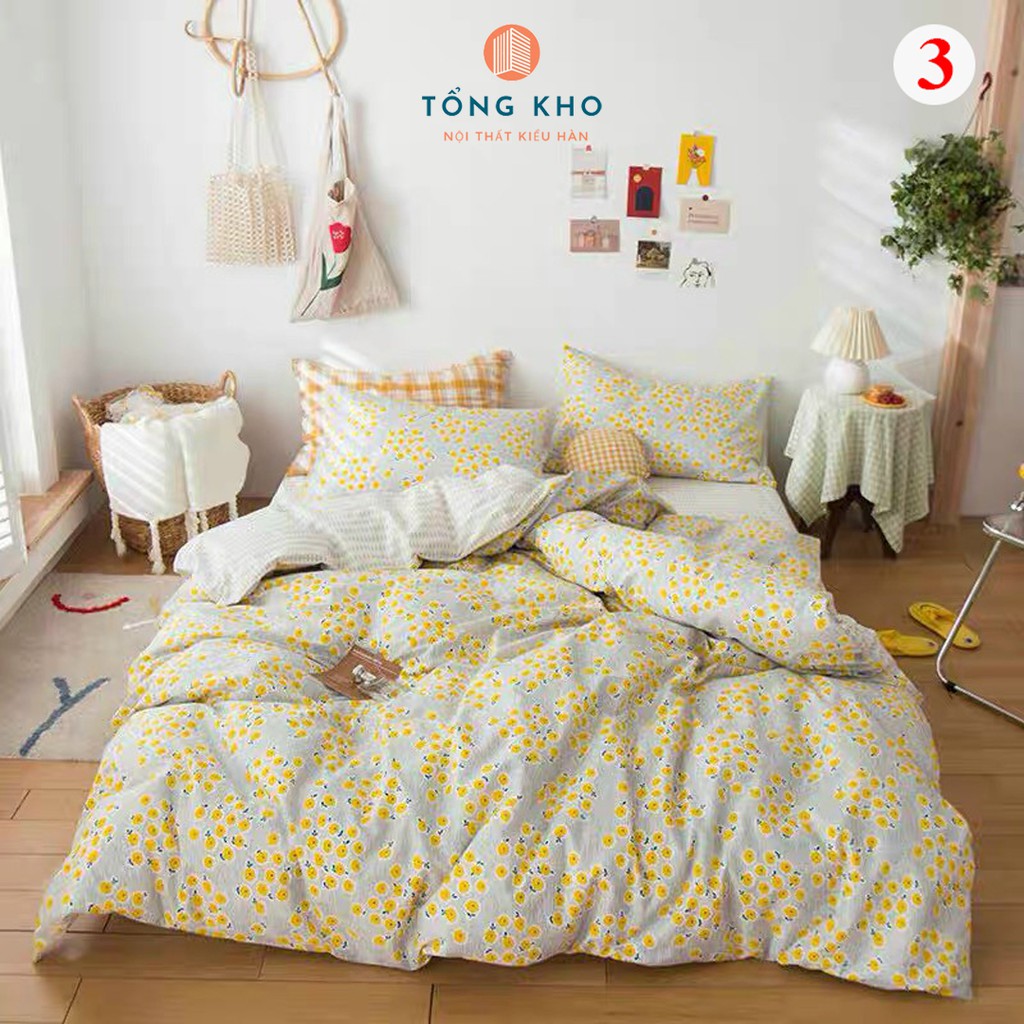 Chăn Ga Gối Cotton Poly Hoa Tiết Hoa Lá Trang Trí, Decor Phòng Ngủ Phong Cách Hàn Quốc - Hàng nhập khẩu ( không ruột )