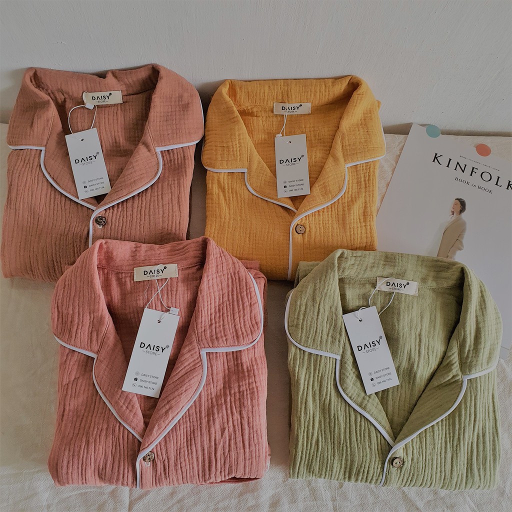 Pyjama mặc nhà đùi xô muslin trơn với bảng màu xinh Hàn