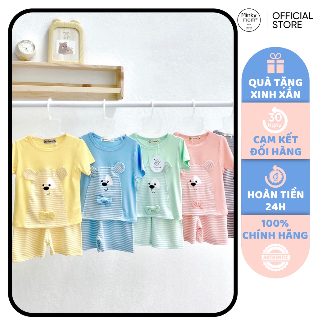 [SALE] Bộ Cộc Tay Cho Bé Trai, Bé Gái KIMCHIBABY Vải Thun Lạnh Gấu Kẻ Đính Nơ, Đồ Bộ Cho Bé Mặc Nhà KW2212