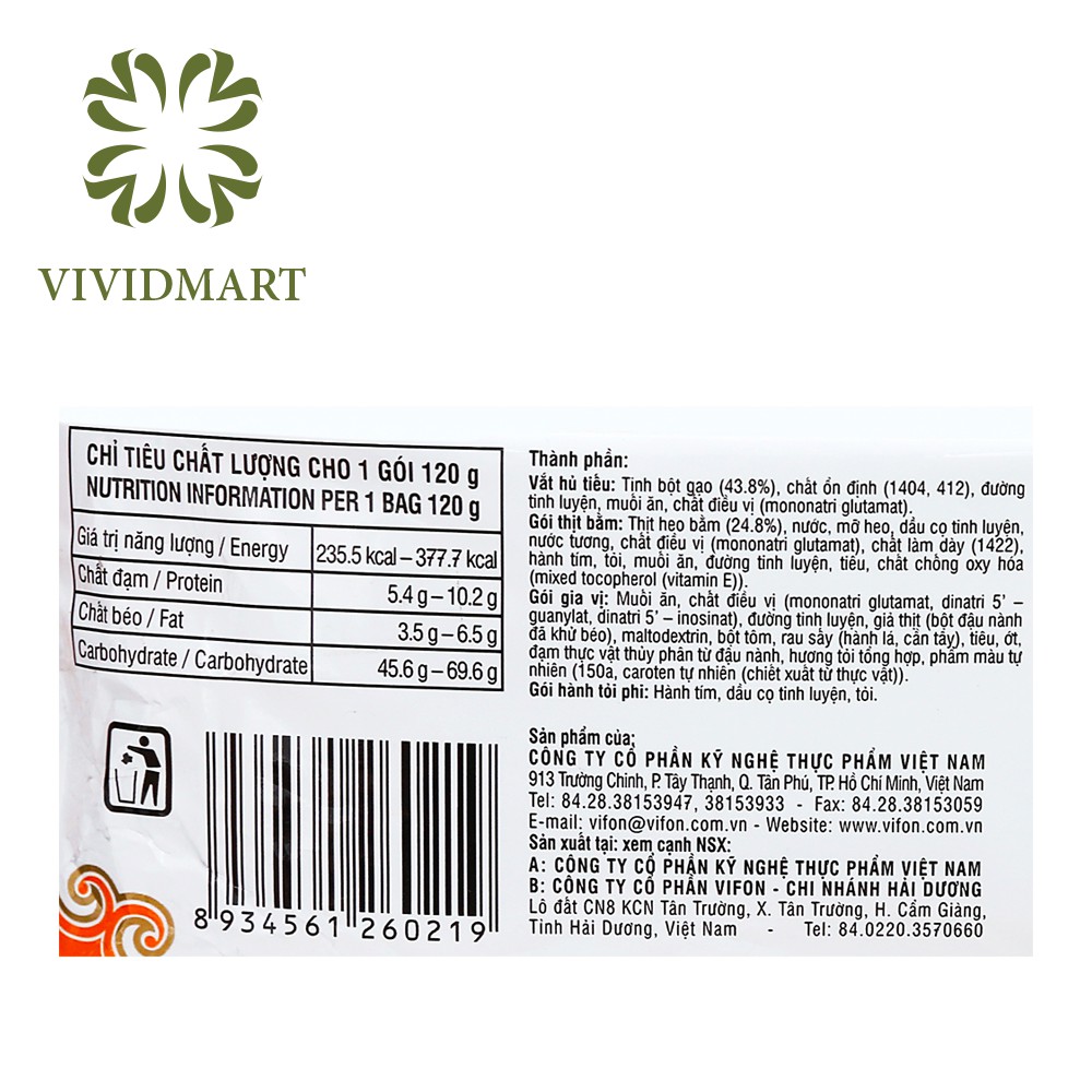 HỦ TIẾU NAM VANG VIFON HOÀNG GIA, HỦ TÍU ĂN LIỀN CÓ THỊT THẬT – GÓI 120g - VIFON