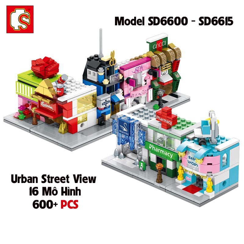 Đồ Chơi Lắp Ráp Kiểu LEGO Mô Hình Cửa Hàng Urban Street View 16 Mẫu SEMBO BLOCK Model SD6600-6615 Với 600+ Mảnh Ghép