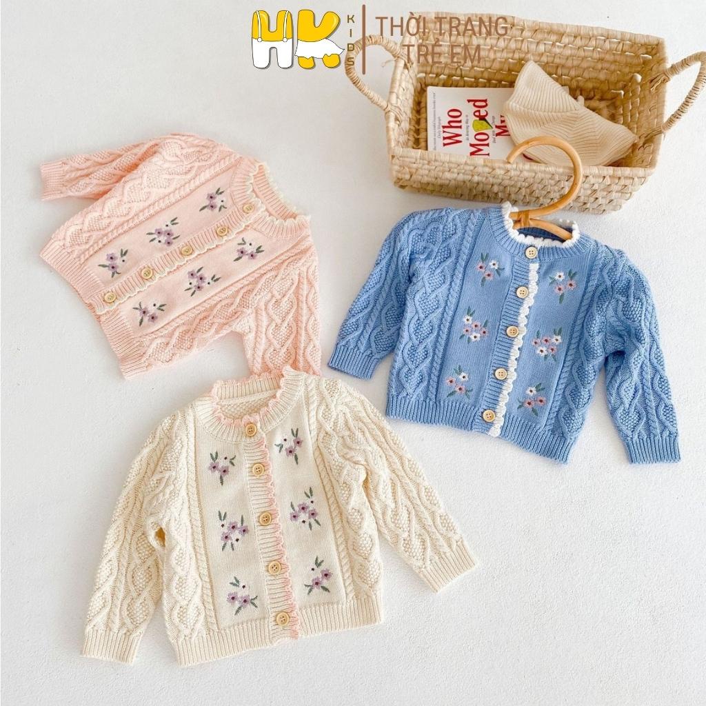 Áo len Cardigan cho bé gái HK KIDS, áo khoác len chất cao cấp mềm mịn họa tiết thêu hoa xinh xắn