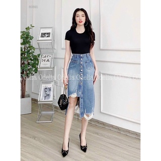 Chân váy jeans rách phối nút