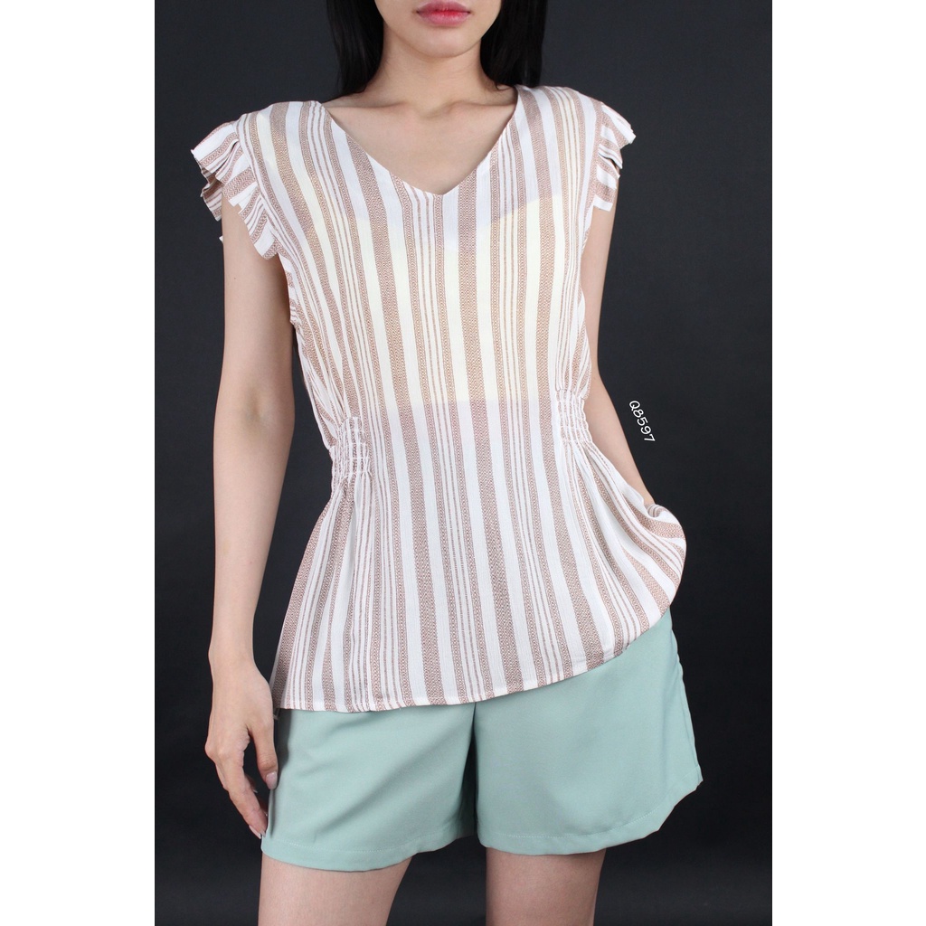 Q8597 - Áo Faith And Joy cổ tim sát nách bèo nhún thun eo sọc dọc