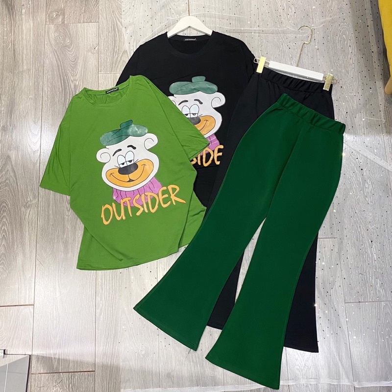 Set Bộ Áo Phông Gấu OUTSIDER Quần Loe Suông Ảnh Thật