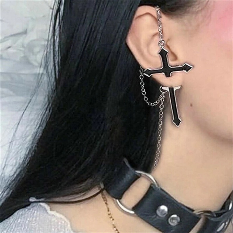 Bông Tai Chuỗi Dài Hình Thánh Giá Màu Đen Phong Cách Punk Gothic Thời Trang Unisex