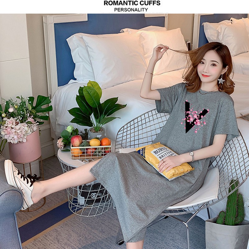 Đầm Thun Nữ Ngắn Tay Cổ Tròn Thời Trang Hàn 95% Cotton