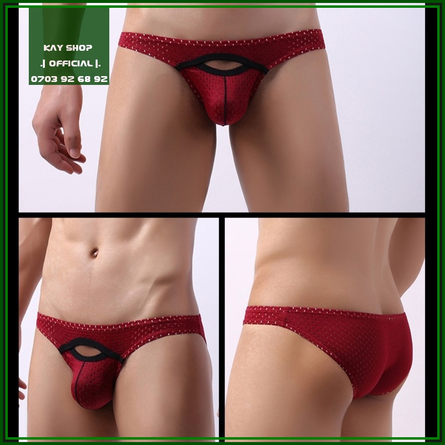 Quần lót nam tam giác thun cotton đục lỗ thông hơi mát cutout độc đáo - Quần sịp nam tôn mông gợi cảm quyến rũ
