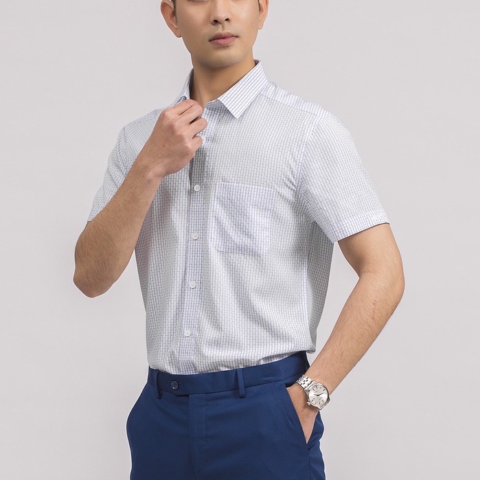 Áo sơ mi nam công sở Aristino tay ngắn màu trắng kẻ ô dáng Slim fit chất sợi tre bền màu sắc nét ASS055S9