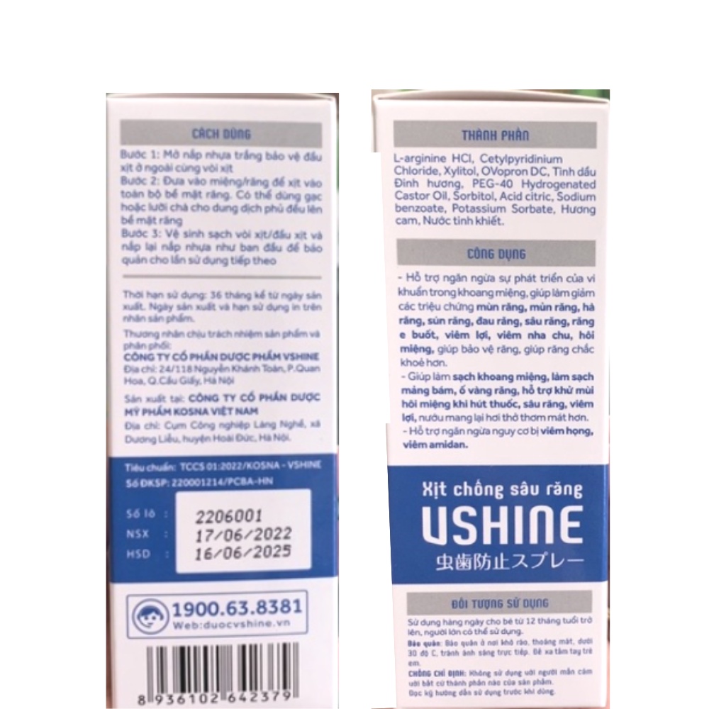 Xịt chống sâu răng Vshine giúp giảm triệu chứng mùn răng, mủn răng,đau răng, sâu răng giúp răng chắc khỏe