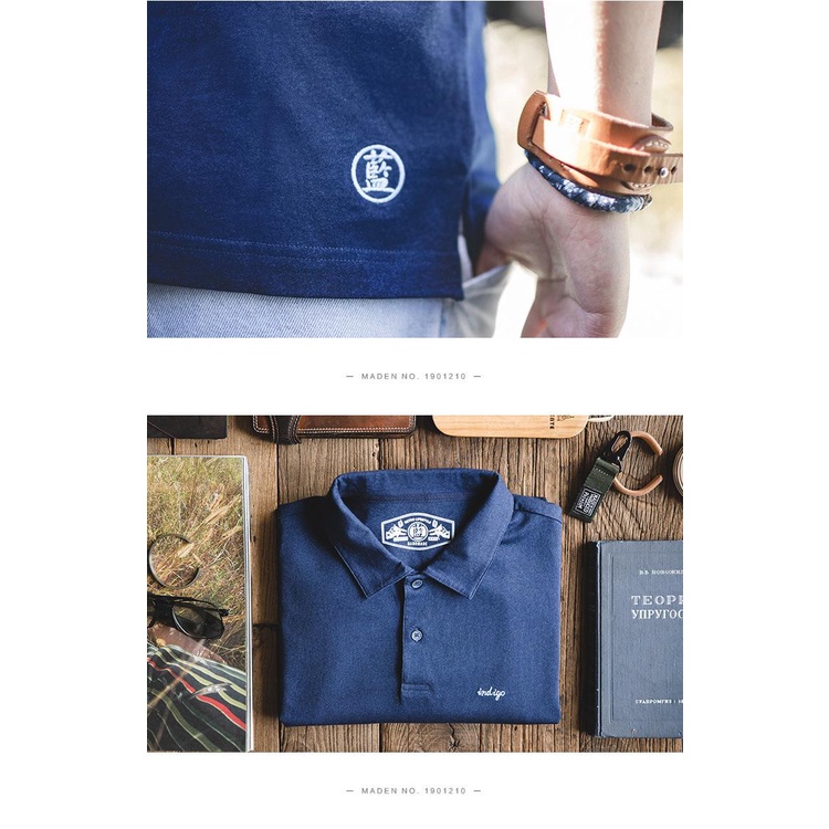 Maden tooling men's Japanese retro blue dyed POLO shirt