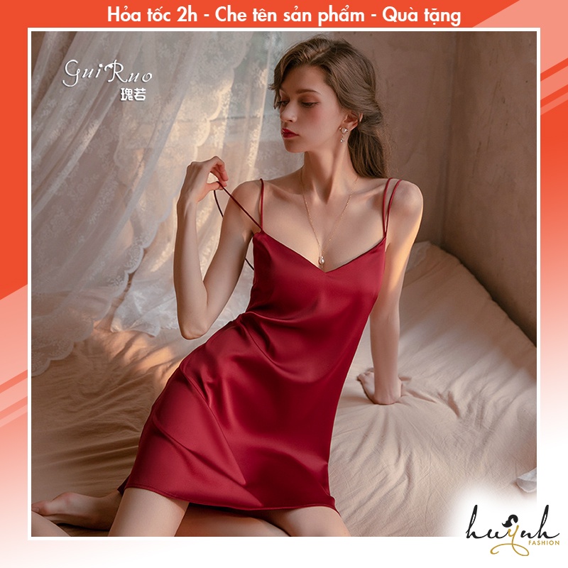 Váy ngủ lụa hai dây trơn mặc nhà hở lưng cao cấp GUIRUO - N62