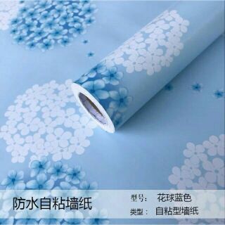 Combo 20m giấy dán tường hoa cẩm tú cầu xanh ,keo sẵn, khổ 45cm